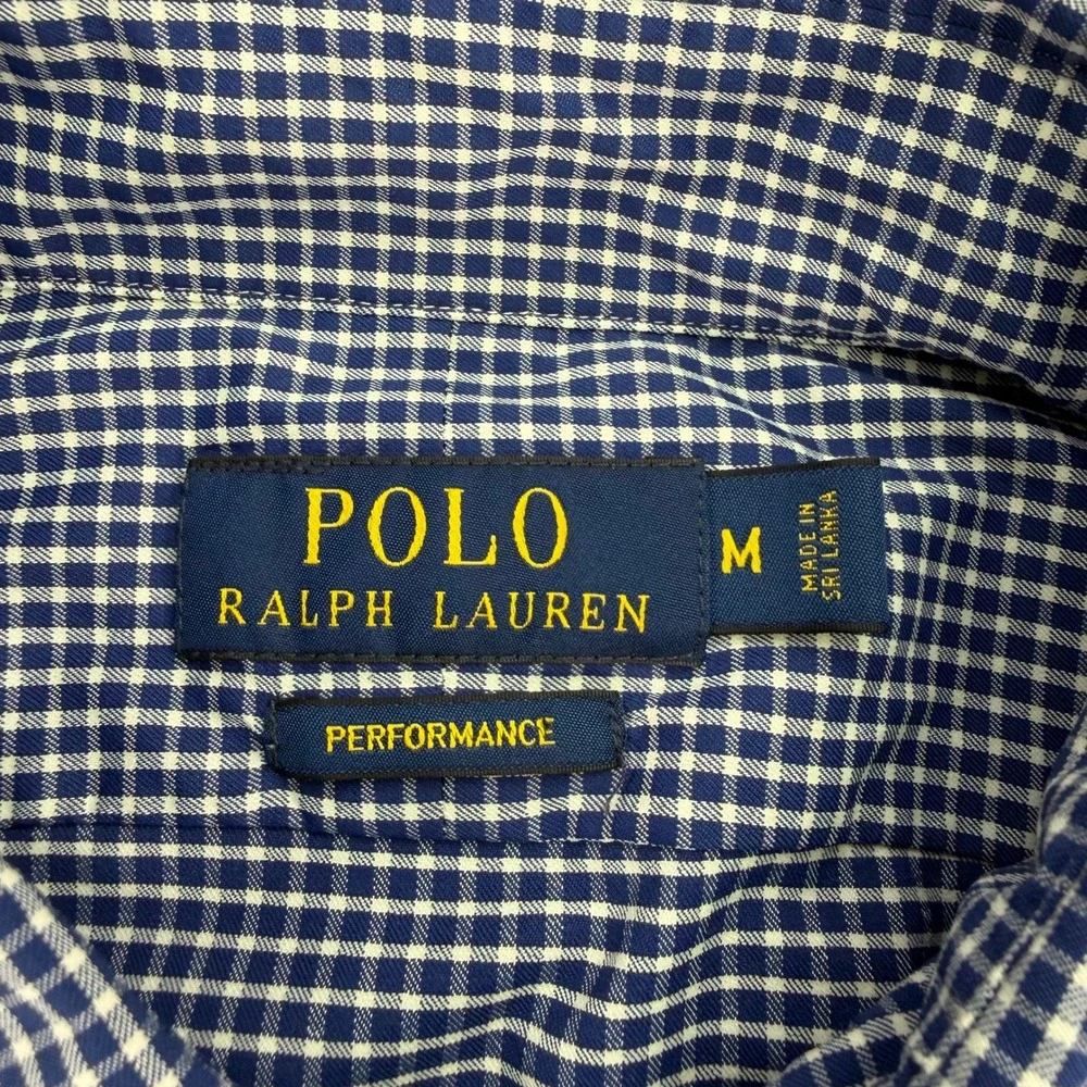 Polo Ralph Lauren Shirt Mens Medium Blue Check Performance Stretch Nylon‎ Pony